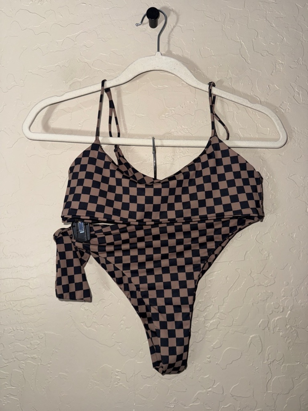 Tan + lines brown and black  checker print bikini top size M bottoms size S
